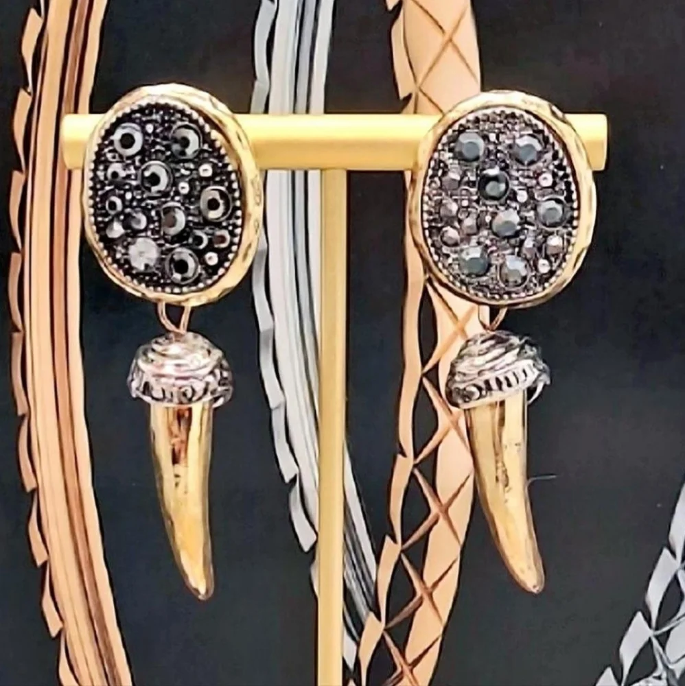 NWT Two-toned Natural Marcassite Encrusted Dangling Gold Spike Drop Earrings